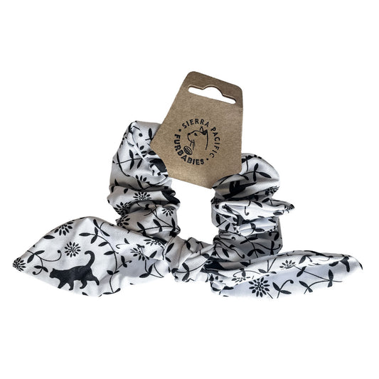 White & Black Cats & Leaves Hair Scrunchie